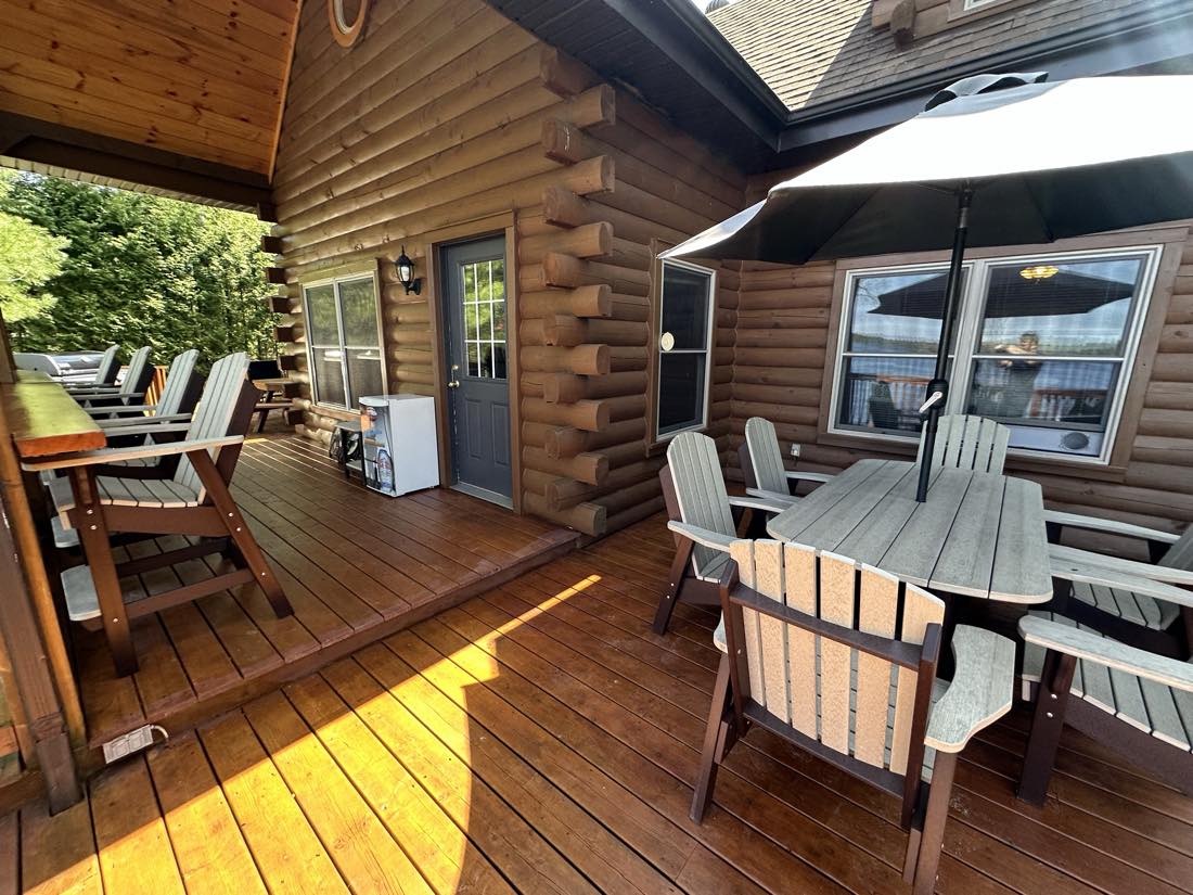 Covered timber-frame deck at golden hour